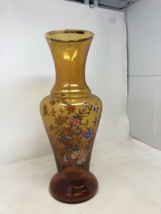 VINTAGE MCM Norleans Handmade In Italy 16” TALL Amber,  Gold Trimmed Glass Vase 3