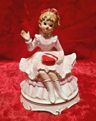 Lefton Valentine Girl With Heart Music Box Figure " You Light Up My Life "