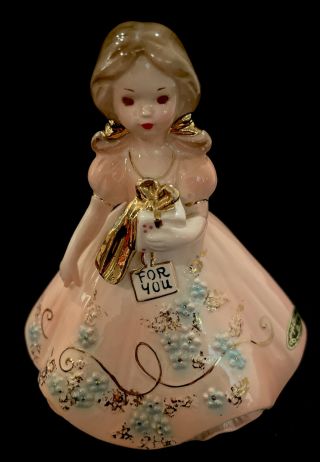 Vintage Josef Originals Girl Holding Gift “ For You” Figurine Pink Dress