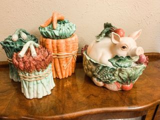 Fitz And Floyd Pig Cookie Jar Canister & Set Of 3 Vegetable Canisters