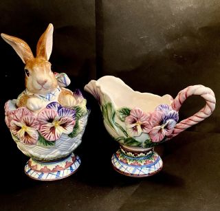 Fitz And Floyd Halcyon Bunny Rabbit Floral Easter Sugar And Creamer Gorgeous