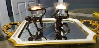 Set Of Two Antique Vintage Cast Iron Monkey Tealight Candle Holders.  Rare