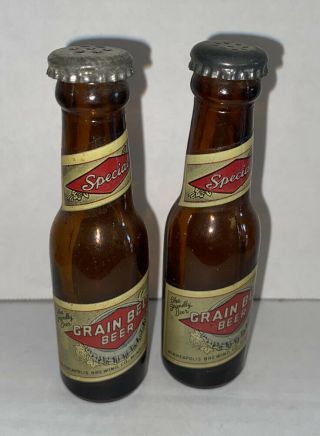 Vintage Grain Belt Beer Mini Bottles Salt & Pepper Shakers Painted Labels