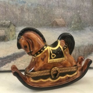 Parry Vieille Limoges France Rocking Horse Peint Main Trinket Box Brown