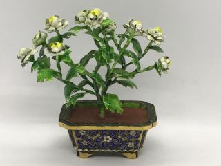 Fab Vintage Miniature Cloisonné Jardinière W White Guilloche Enamel Flowers