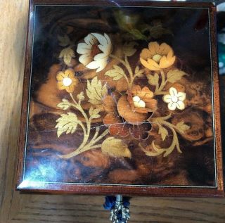Vintage Reuge Inlaid Lacquer Wood Music Jewelry Box With Key