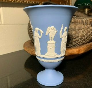 Wedgwood Jasperware 7 1/4 " Cream On Blue Footed Vase Sacrifice Scenes