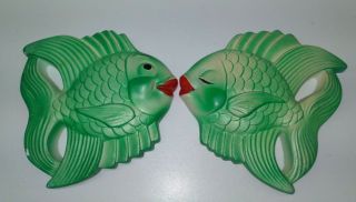 2 Vintage Chalkware Fish Kissing Retro Bathroom Wall Decor Swank Miller