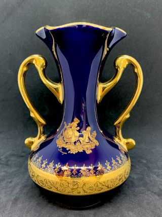 Limoges Porcelain Cobalt Blue And Gold Double - Handled Vase 6.  5 " With Ruffled Top