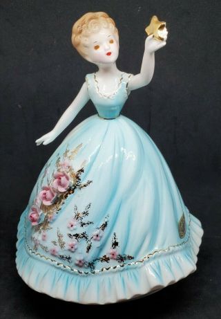 Vntg Josef Originals Music Box Figurine Lady In Blue Dress W/star X746