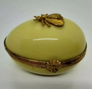 Limoges Yellow Porcelain Easter Egg Box With A Brass Bee By Dubarry - 2 3/8 "