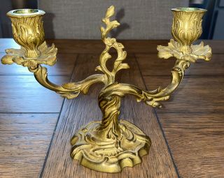 Small Antique Art Nouveau Handmade Brass Candlestick 2 Candle 5.  75”h X 7” Wide