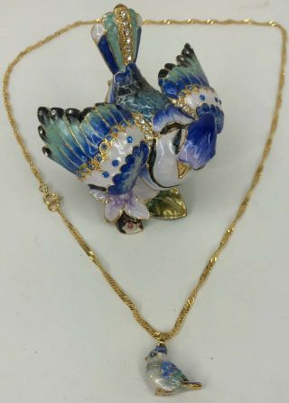 Flying Blue Jay Pewter Jeweled Hinged Trinket Box With Necklace