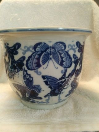Vintage Chinese Ceramic Planter Bowl Blue & White Garden Pot Butterfly