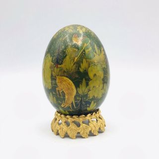 Vintage Folk Art Hand Painted Wood Egg Hunt Scene Animals Gold Tone Base 2