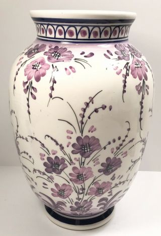 Vintage Hand Painted Purple Flowers Floral Ceramic Vase Made Greece Large Signed