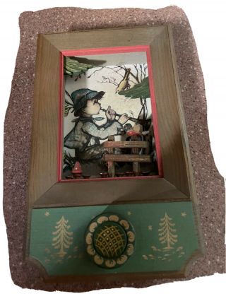 Vintage Wood Swiss Music Box Hummel Boy Bird,  Anri Thorens - Plays " Edelweiss
