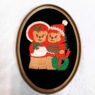 Rare Enesco Lucy Rigg Framed Teddy Bear Velvet Wall Art Christmas Crewel