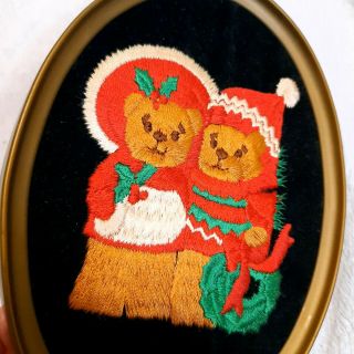 RARE Enesco Lucy Rigg Framed Teddy Bear velvet wall Art Christmas crewel 2
