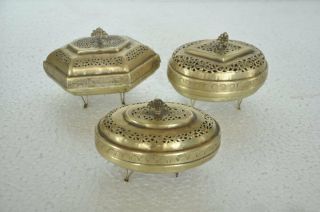 3 Pc Old Brass Engraved Fine Jali Cut Work Handcrafted Soap Case,  Patina