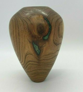 Small Artist Signed Hand Turned Burl Wood Bud Vase Jim Mclain Mesquite Malachite