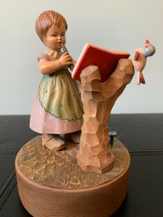 Vintage Anri Reuge Carved Wood Girl Playing Music Swiss Music Box Made In Italy