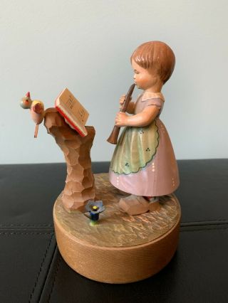 Vintage ANRI Reuge Carved Wood Girl Playing Music Swiss Music Box Made In Italy 2