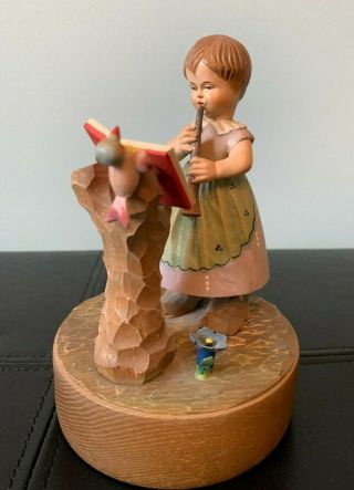 Vintage ANRI Reuge Carved Wood Girl Playing Music Swiss Music Box Made In Italy 3