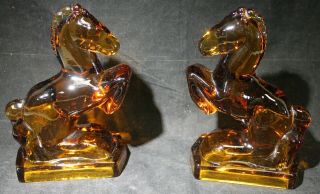 L.  E.  Smith Amber Glass Horse Bookends
