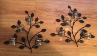 2 Metal Leaf And Branch Scones Wall Hanging With Candle Holders 17 1/2 " X 17 "