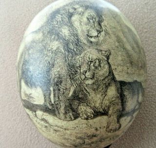 Decorative Authentic South African Lions & Wildlife Ostrich Egg On Tall Stand