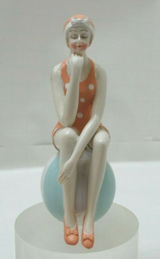 Resin Flapper Bathing Beauty Figurine W Poka Dot Bathing Suit Striped Beach Ball