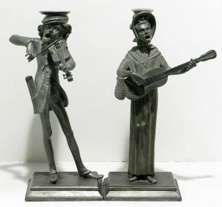 Vintage Pair Pewter Candlesticks Singing Figurines Man Woman With Violin Guitar