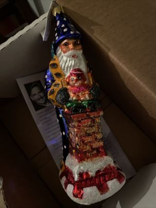Large Santa Out Of Chimney Glass Christopher Radko Christmas Holiday Ornament