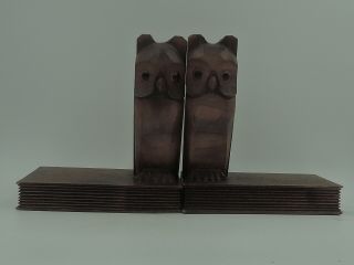 Wooden Hand Carved German Black Forest Owl Book Ends Amber Glass Eyes