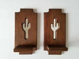 Pair Vtg Wood/mirror Cactus Wall Shelves/nik - Nak Shelf Boho/jungalow/southwest