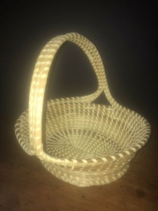 Gullah Sweetgrass Basket W/ Handle Coil Stand Footed 10” Diam Lowcountry Sc