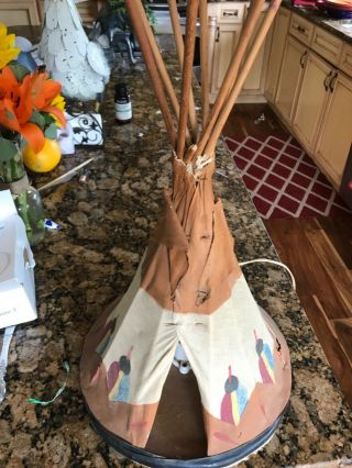 Vintage Large Native American Hand Crafted Linen Teepee Lamp W Drawings