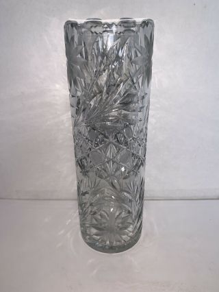 Vintage Tall Heavy Cut Glass Vase With Etched Flowers 12”