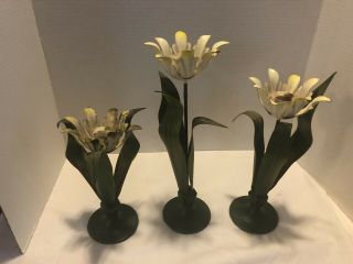 Set Of 3 - Vintage Petite Choses Yellow Tulip Flower Leaf Candlesticks Tole - Metal