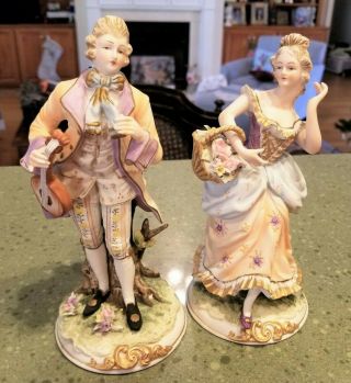 Pair Andrea Porcelain Bisque Detailed Man Woman Courting Colonial Victorian