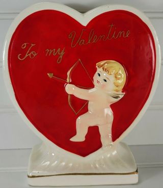 Vintage Valentine Cherub Cupid Shooting Arrow Heart Planter