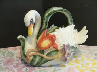 Fitz And Floyd Tulip Swan Tea Pot And Lid 5 Cups 7 1/4 "