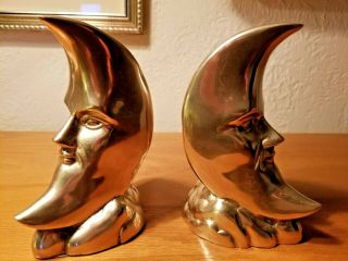 2 - Vintage Brass Crescent Moon Face Celestial - Man In The Moon Bookends 5 - 1/2 " Tall
