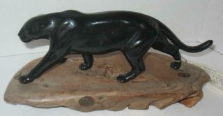 Black Panther Art Sculpture On Wood Base By John Perry Tag Pre - Owned