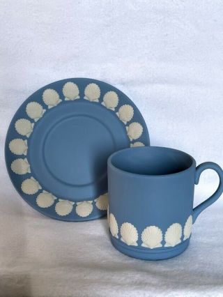 Wedgwood Jasperware Blue With White Sea Shells Tea Cup (2.  25 ") & Saucer (4.  25 ")