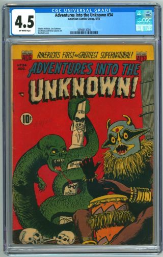 Adventures Into The Unknown 34 Cgc 4.  5 Vg,  (acg,  11/1952) Ken Bald Cover Pch