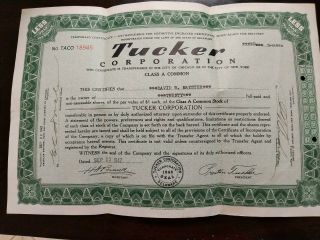 1947 Vintage Tucker Corporation Automobile Stock Certificate 20 Shares