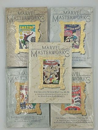Marvel Masterworks Spiderman Vols.  1,  5,  10,  16,  22.  Covers S.  A.  1 - 50.