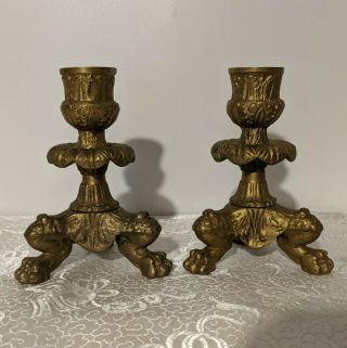 Pair Vintage Heavy Cast Brass Claw Foot Candlesticks - Victorian Style Decor